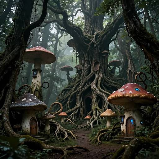 Whimsical forest scene: Giant mushrooms with red and white spots, glowing blue doors, and twisted, gnarled trees in a misty,