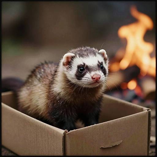Photograph of a curious ferret with black and white face, brown and black fur, standing in a cardboard box with a blurred background of a bright