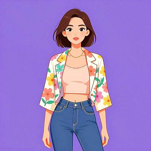 Stylish Woman in Floral Blazer and Crop Top