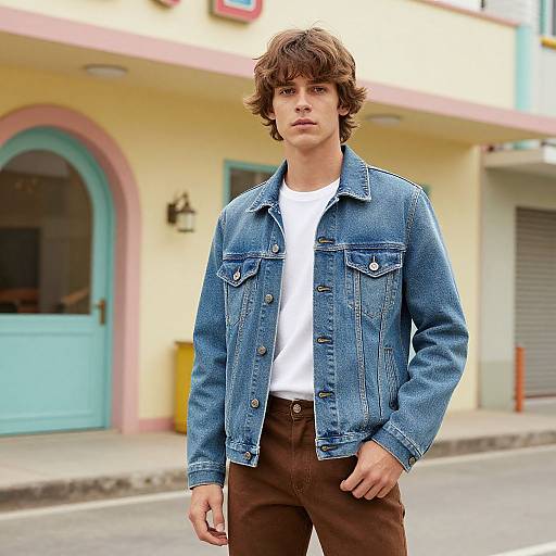 Photograph of a young man with wavy brown hair, wearing a blue denim jacket, white t-shirt, and brown pants, standing in front of