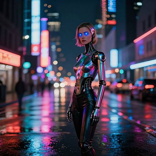 Cyberpunk night scene: glowing neon-lit street, rain-soaked pavement, woman in shiny black latex bodysuit with blue lights, robotic