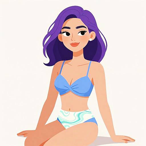 Digital illustration of a smiling woman with purple hair, wearing a blue bra and white patterned panties, sitting against a white background.