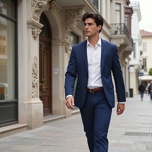 Photograph of a handsome young man with dark hair, wearing a navy suit and white shirt, walking down a European street with ornate architecture.