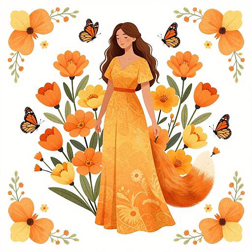 Digital illustration of a brown-haired woman in an orange floral dress, surrounded by vibrant orange flowers and butterflies, with a large orange fox tail.