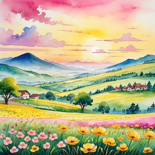 Vibrant Sunset Over Flower Field