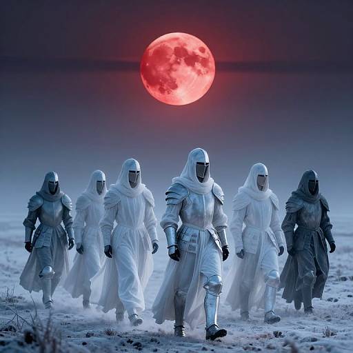 Photograph of six armored figures in white robes walking towards a red full moon in a snowy landscape, illuminated by moonlight.