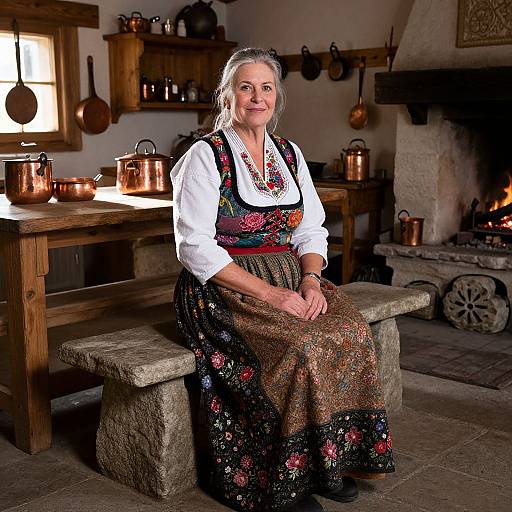 Photograph of an elderly woman with gray hair, wearing a traditional white blouse and colorful embroidered dress, sitting on a stone bench in a rustic, wooden