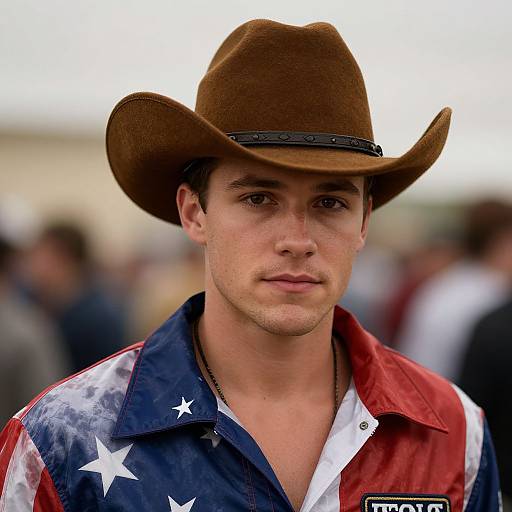 Photograph of a young man with fair skin, brown hat, and American flag shirt, standing in a blurred outdoor crowd.