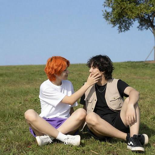 Two People Sitting on Grass in Sunny Park