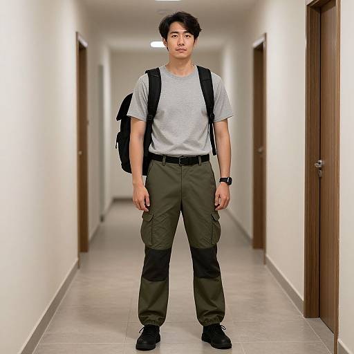 Photograph of an Asian man with short black hair, wearing a gray t-shirt, olive green cargo pants, black backpack, and black shoes, standing