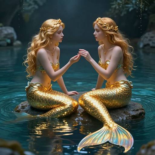 Digital artwork of two golden mermaids with flowing red hair, sitting on a rock in a dark, reflective water, holding hands, wearing gold headpieces