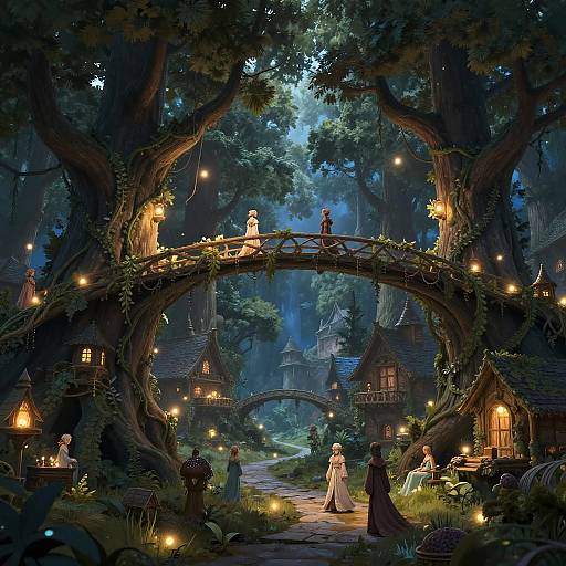 Whimsical digital painting of a moonlit forest village with enchanted treehouse houses, fairy lights, and characters in flowing robes crossing a glowing, vine
