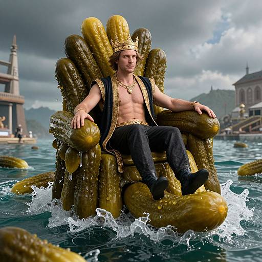 Digital art of a muscular, shirtless man with a gold headpiece and necklace, seated on a golden, tentacle-like throne in a stormy