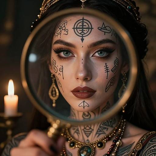 Photograph of a tattooed woman with blue eyes, dark lipstick, and intricate black symbols on her face, viewed through a magnifying glass, in