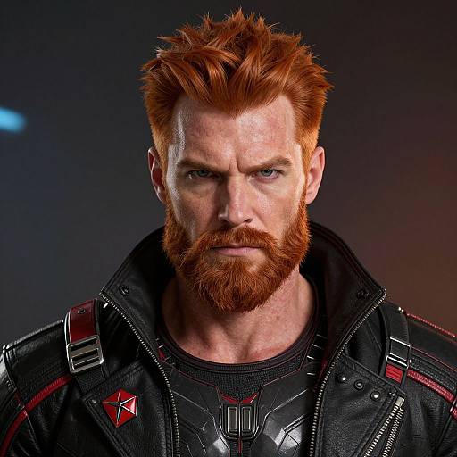 Photograph of a muscular, bearded red-haired man with intense gaze, wearing a black leather jacket with red and silver accents, against a dark,