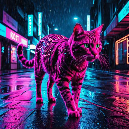 Vibrant Neon Cyber Cat Running at Night