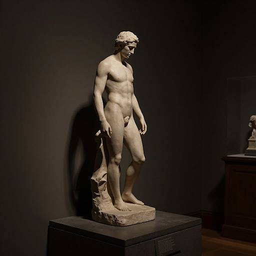 Photograph of a classical marble statue of a nude, muscular male with defined features, standing on a pedestal in a dimly lit gallery.