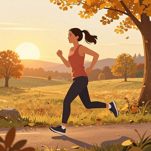 Digital illustration of a fit woman with brown hair in a ponytail, wearing a red tank top and black leggings, running through an autumnal park with