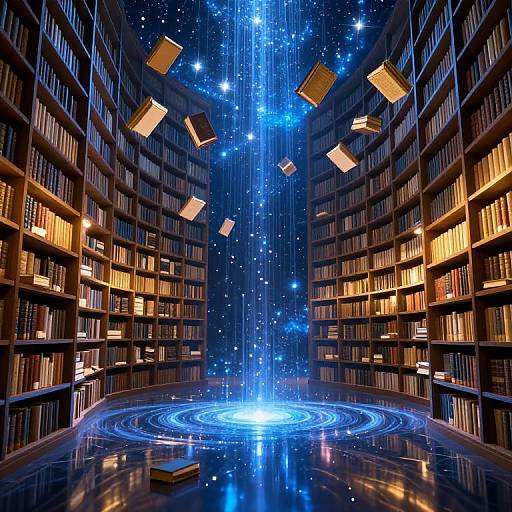 Photograph of a magical library with floating books, illuminated by a vibrant blue, starry light show, centered on a glowing circular pattern on the glossy