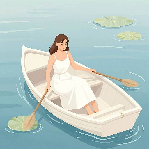 Woman rowing a boat in pastel water