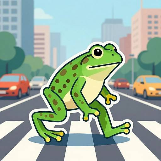 Cartoon-style green frog with dark spots crossing a city street, surrounded by yellow and red cars, buildings, and trees.