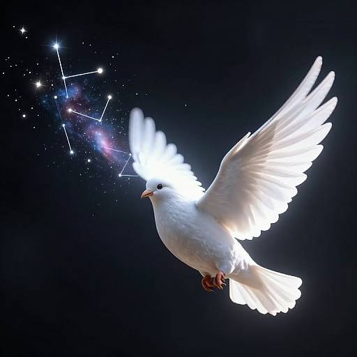 Photograph of a glowing white dove with outstretched wings, trailing a constellation against a dark blue starry background.