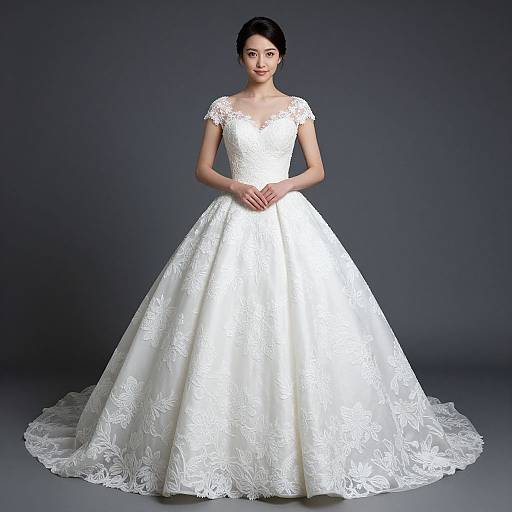 Photograph of an Asian woman in a white, lace-embroidered, ball-gown wedding dress with short sleeves, standing against a dark gray