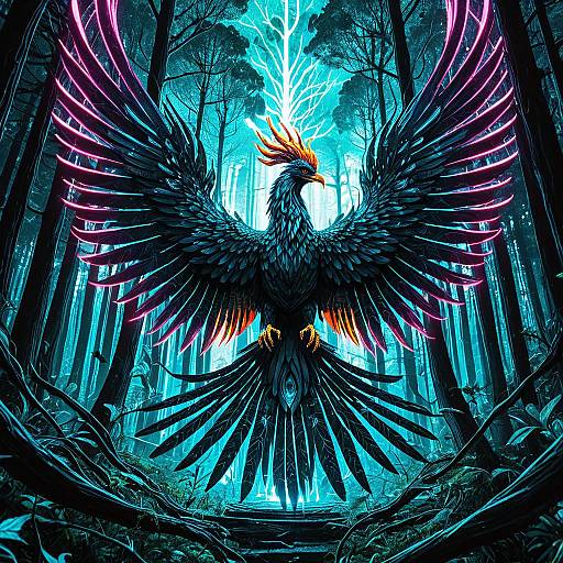 Iridescent Phoenix in Neon Cyber Forest