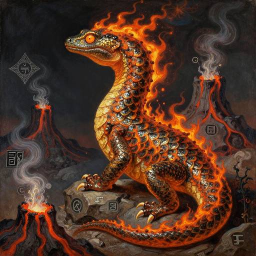 Digital artwork of a fiery, orange and black-scaled dragon with glowing red eyes, sitting on rocks amidst erupting volcanoes, surrounded by smoky