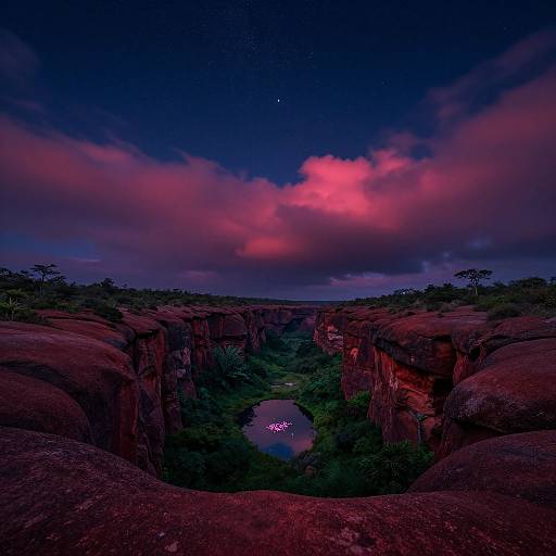 Photograph of a vividly colored canyon at dusk, with deep purple cliffs, a glowing lake at the bottom, and a starry, pink and