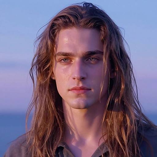 Photograph of a young man with long, wet, brown hair and intense blue eyes, set against a blue twilight sky. He wears a dark shirt
