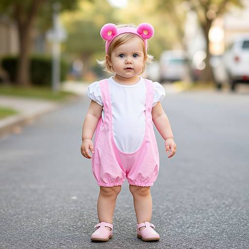 Photograph of a cute toddler with light brown hair, wearing a pink headband with bear ears, white shirt, pink pinafore, and pink