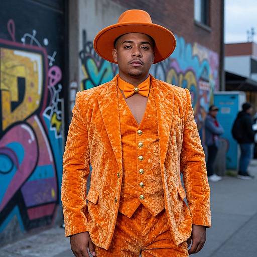 Photograph of a confident Black man in vibrant orange velvet suit, bow tie, and hat, standing on a graffiti-covered urban street.