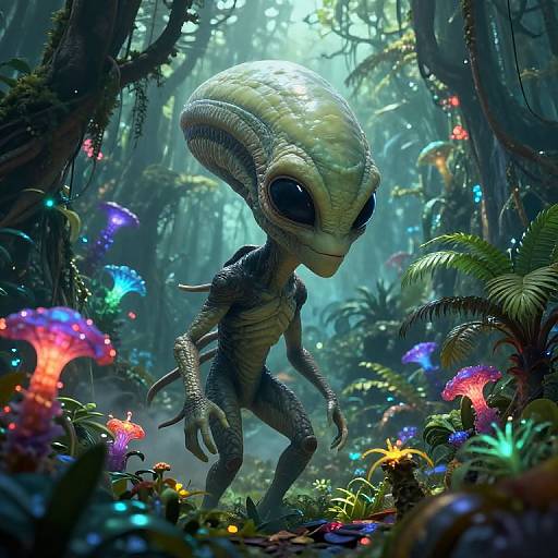 Big Head Alien in Bioluminescent Jungle