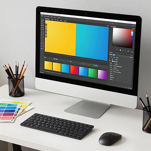 Photograph of a modern white desk with an Apple monitor displaying colorful graphic design software, black keyboard, mouse, two pencil holders, and swatches.