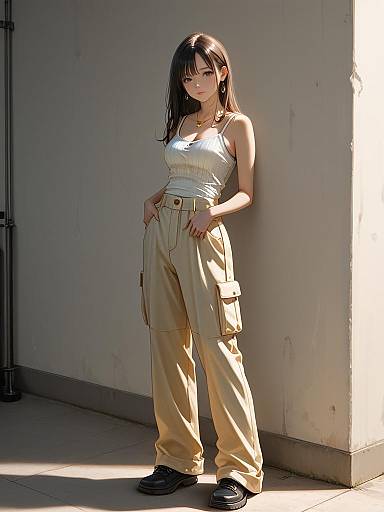Photograph of a young Asian woman with long black hair, wearing a white tank top, beige cargo pants, and black shoes, standing in sunlight against