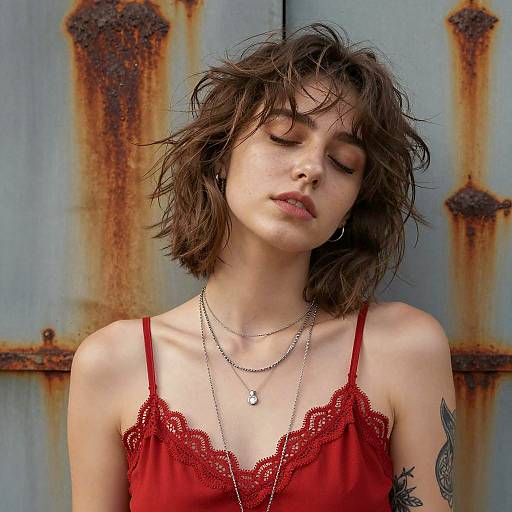 Young Woman in Red Lace Camisole with Tattoos