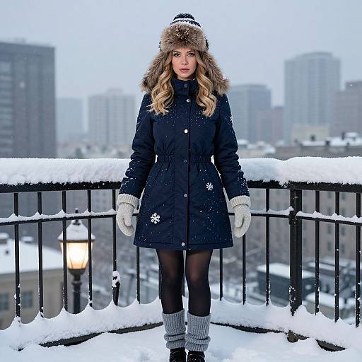 Photograph of a blonde woman in a black winter coat, fur hat, white gloves, and gray leg warmers, standing on a snow-covered balcony