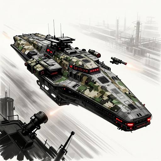 Digital illustration of a camouflaged, futuristic military spaceship with red lights, flying at high speed, flanked by smaller ships, white background.