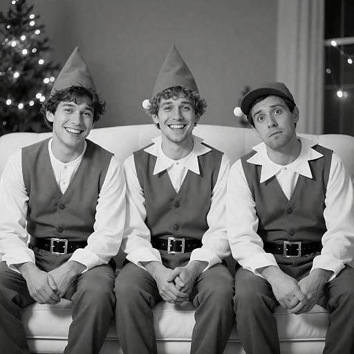 Black-and-White Elves on Quilted Couch