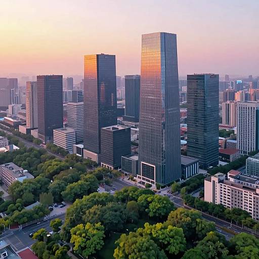 Aerial photograph of a modern cityscape at sunset, featuring tall glass skyscrapers with reflective surfaces, surrounded by green tree-lined streets and various low