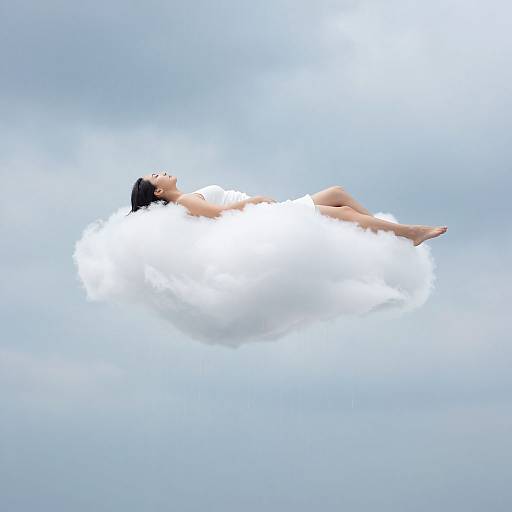 Photograph of a nude woman with black hair lying on a white cloud, floating in a bright blue sky.