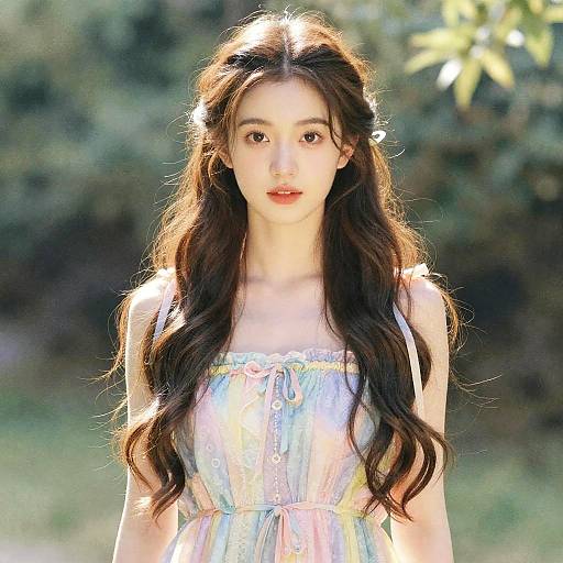 Photograph of a young Asian woman with long, wavy brown hair, wearing a light, pastel-colored, sleeveless dress, standing outdoors with