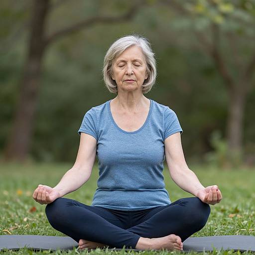 Photograph of an elderly white woman with short gray hair, wearing a blue shirt and black pants, meditating cross-legged on a yoga mat in a