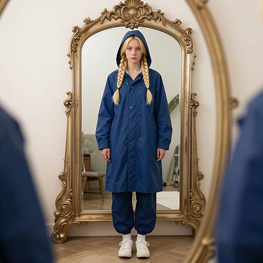 Photograph of a blonde woman with braided hair, wearing a blue hooded raincoat and matching pants, standing in front of an ornate gold