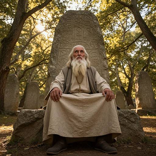 Photograph of an elderly, white-bearded man with long white hair, dressed in medieval-style beige robes, sitting before an ancient stone tomb in a