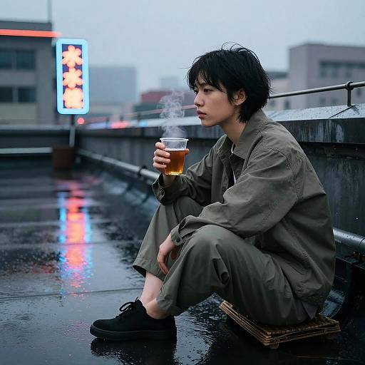 Photograph of a young Asian man with messy black hair, wearing a green jacket and pants, sitting on a wet rooftop, holding a steaming cup