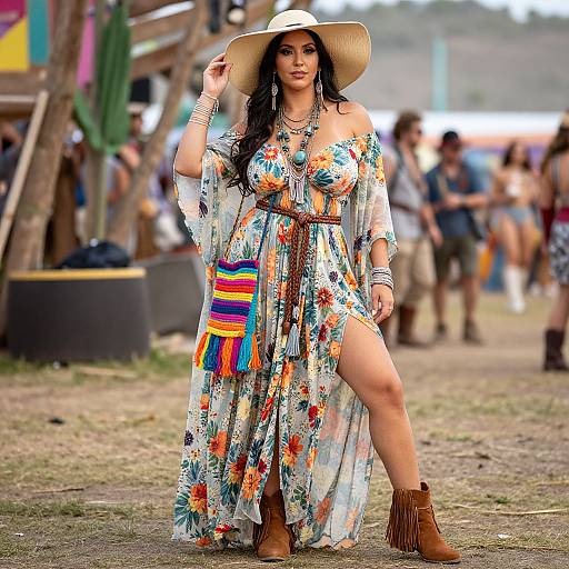 Photograph of a curvy woman with long black hair, wearing a floral off-shoulder dress, straw hat, brown fringe boots, and a