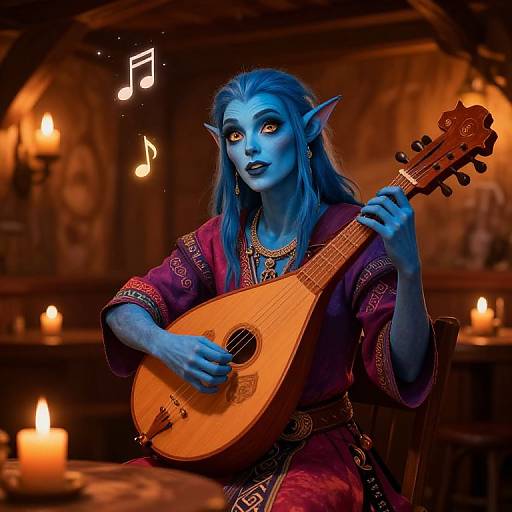Blue-skinned elf woman with long hair and pointed ears plays acoustic guitar in a dimly lit, candlelit wooden room. Musical notes float above.