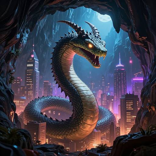 Digital art: A fierce, blue-scaled dragon with glowing orange eyes emerges from a dark cave, looking over a vibrant, neon-lit futuristic city
